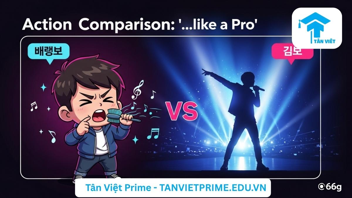 Hình ảnh minh họa giải thích cách dùng N처럼/같이 với hành động, mô tả một cậu bé đang hát với đam mê, phía sau là bóng của một ca sĩ chuyên nghiệp trên sân khấu để minh họa cách so sánh một kỹ năng "giống như một chuyên gia". Ngữ pháp tiếng Hàn ứng dụng.
