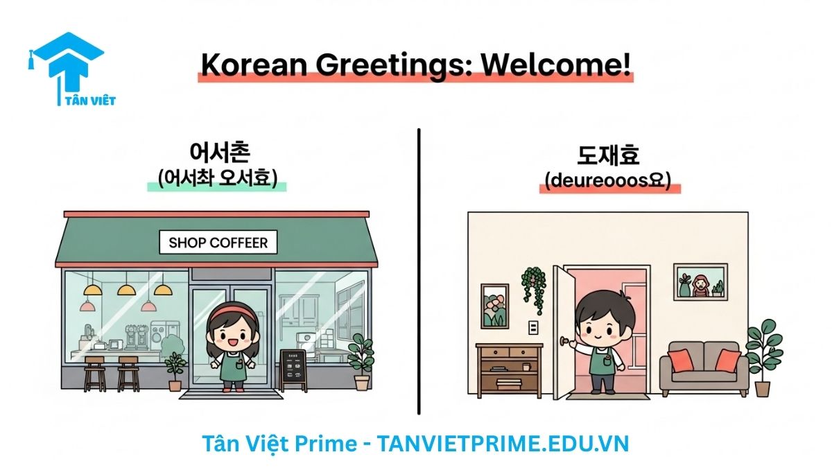 Cách Nói "Xin Mời Vào" Tiếng Hàn: Phân Biệt 어서 오세요 & 들어오세요 2 Infographic giải thích cách nói "xin mời vào" tiếng Hàn, so sánh tình huống một nhân viên chào khách bằng '어서 오세요' và một chủ nhà mời khách vào trong bằng '들어오세요' để làm rõ sự khác biệt về ngữ cảnh, giúp người học giao tiếp tự nhiên.