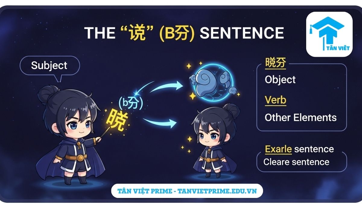 Infographic giải thích cấu trúc câu chữ "把" trong tiếng Trung, mô tả một nhân vật chibi dùng chữ "把" để thay đổi một vật thể để làm rõ sự tác động và xử lý đối tượng. Hướng dẫn cách sử dụng câu "把" chính xác.