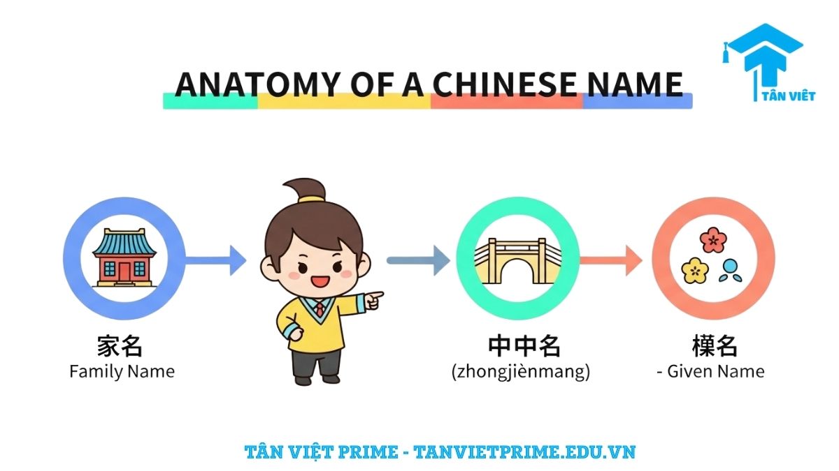 Infographic giải thích cấu trúc tên tiếng Trung, mô tả một nhân vật chibi chỉ vào 3 phần chính của tên gồm Họ, Tên Đệm, và Tên Chính, giúp người đọc hiểu rõ thứ tự và thành phần của một cái tên Trung Quốc ý nghĩa.