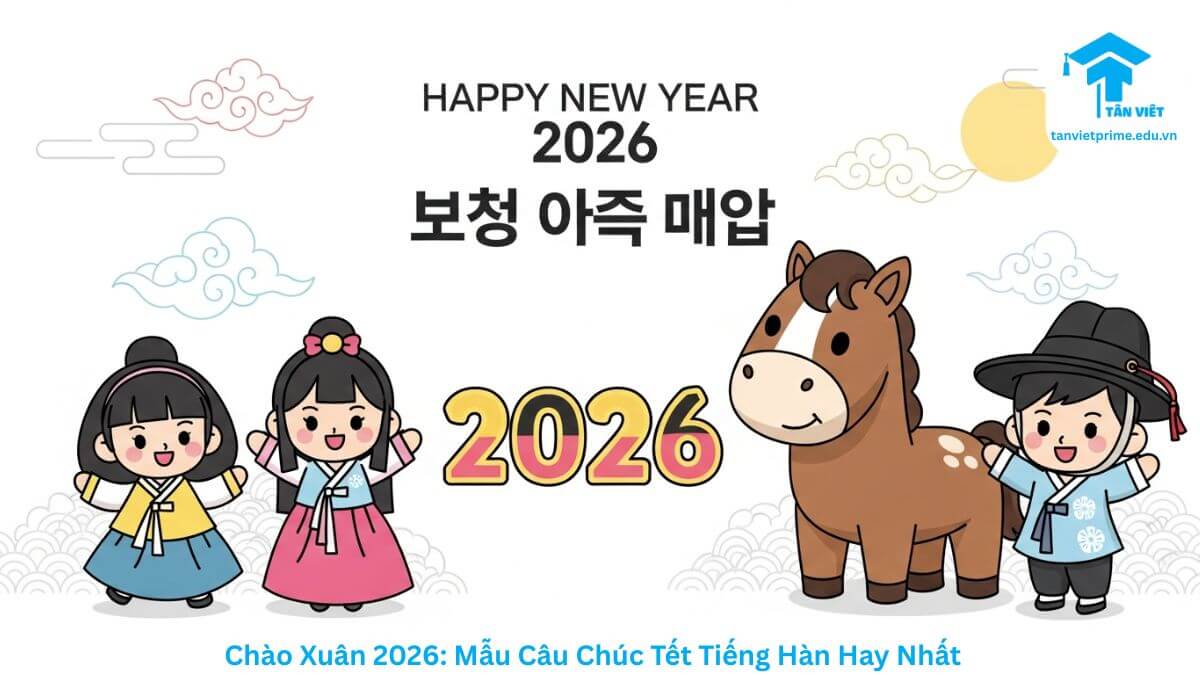 Chúc Mừng Năm Mới Tiếng Hàn 2026: 99+ Câu Chúc Sếp & Đối Tác Hay Nhất 2 Hình ảnh minh họa không khí Tết Hàn Quốc (Seollal) năm 2026 với các nhân vật Chibi mặc Hanbok và biểu tượng linh vật năm Ngựa, thể hiện lời chúc mừng năm mới tiếng Hàn phổ biến nhất.