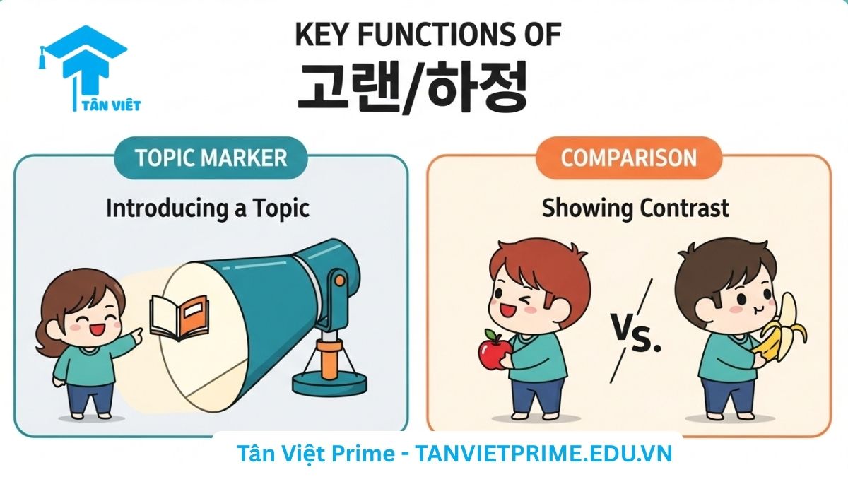 Sơ đồ minh họa giải thích các chức năng chính của tiểu từ 은/는, mô tả hai ví dụ chibi, một minh họa chức năng đánh dấu chủ đề và một minh họa chức năng so sánh, đối chiếu để làm rõ cách dùng 은/는 để giới thiệu chủ đề và tạo sự tương phản. Ngữ pháp tiếng Hàn.