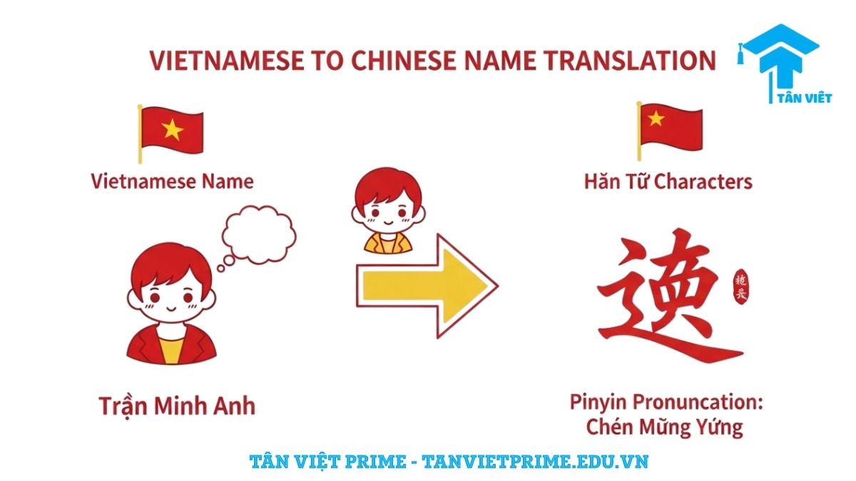 Hình ảnh minh họa cách dịch tên tiếng Việt sang tiếng Trung, hiển thị tên "Trần Minh Anh" được chuyển đổi thành chữ Hán "陳明英" và phiên âm Pinyin, hướng dẫn người học cách tra cứu và hiểu tên của mình trong tiếng Trung.
