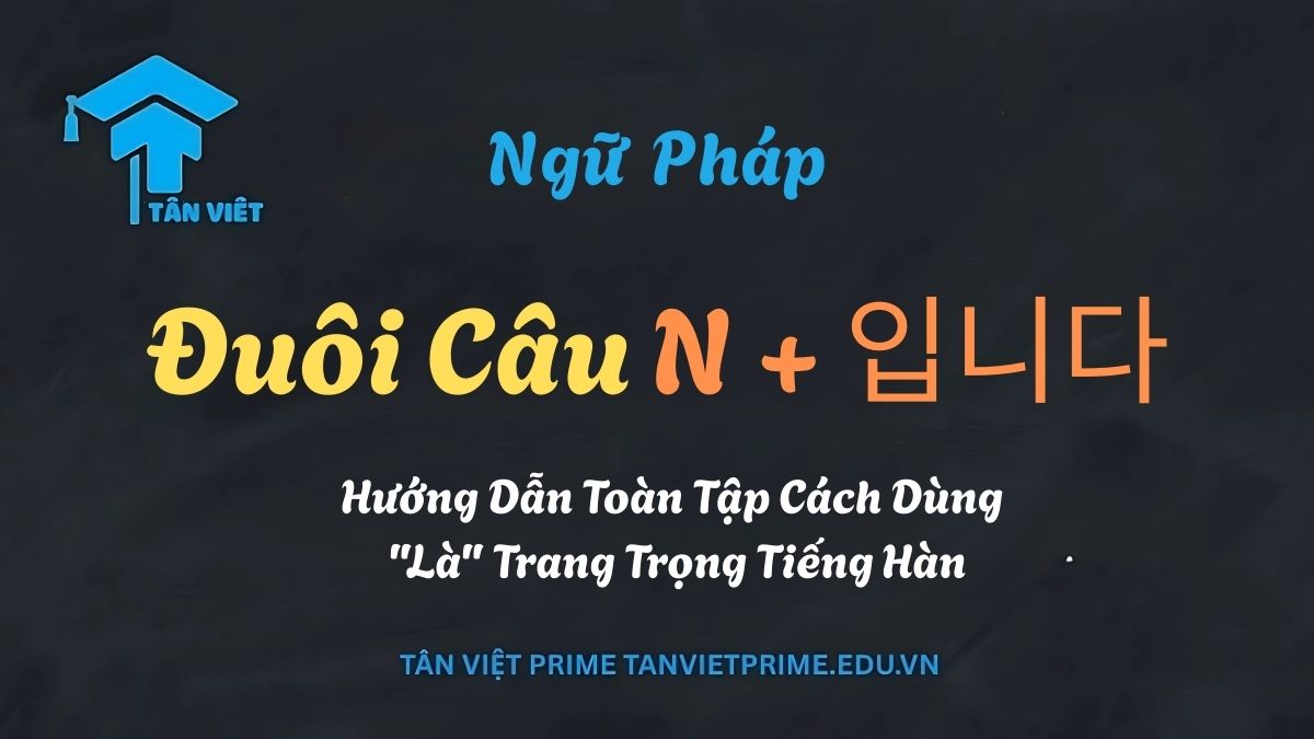 Sơ đồ giải thích ngữ pháp N + 입니다, đuôi câu trần thuật trang trọng trong tiếng Hàn, dùng để giới thiệu danh từ với ý nghĩa 'là...'. Học tiếng Hàn sơ cấp