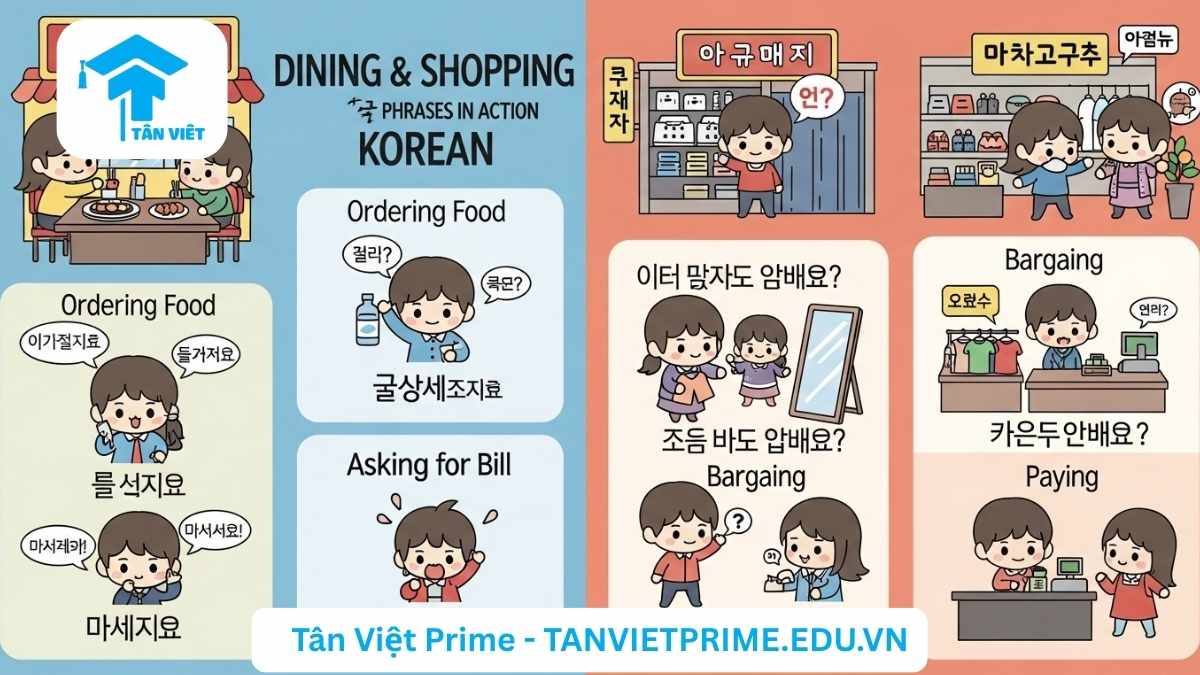 Hình ảnh minh họa các mẫu câu giao tiếp tiếng Hàn trong tình huống ăn uống và mua sắm, mô tả các hoạt động như gọi món, thanh toán, trả giá với các nhân vật chibi đáng yêu. Giúp người học áp dụng từ vựng vào đời sống thực tế khi du lịch hoặc sinh sống tại Hàn Quốc.