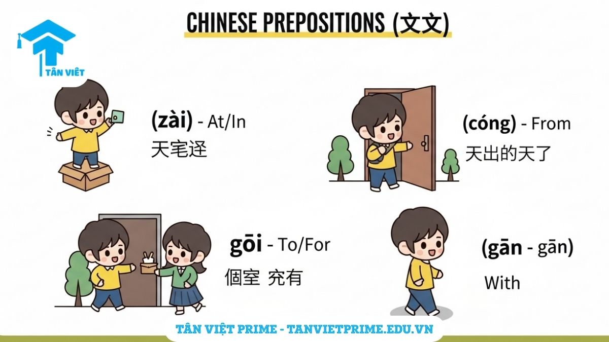 Infographic giải thích các giới từ tiếng Trung thường gặp, mô tả một nhân vật chibi trong các tình huống minh họa giới từ "在", "从", "给", "跟" để làm rõ quan hệ về địa điểm, thời gian, đối tượng. Hướng dẫn cách dùng giới từ tự nhiên.