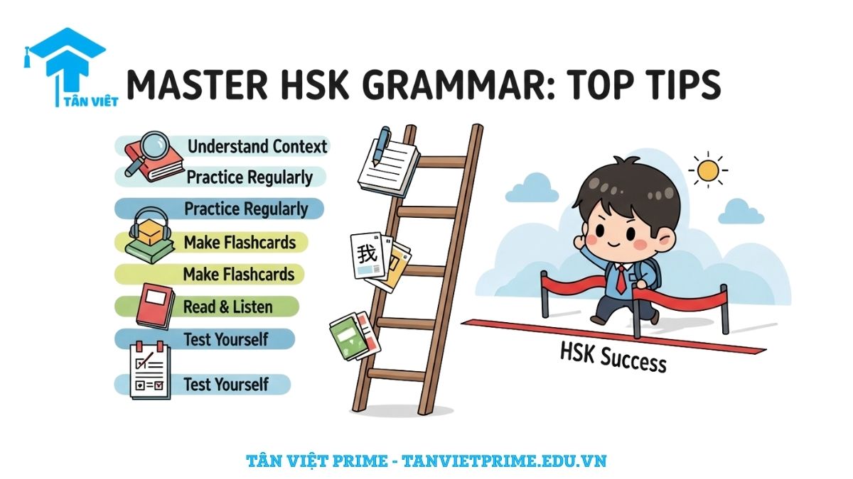 Infographic giải thích chiến lược học ngữ pháp tiếng Trung HSK hiệu quả, mô tả một nhân vật chibi leo lên nấc thang thành công HSK với các mẹo học tập để làm rõ phương pháp tối ưu hóa việc học. Hỗ trợ người học đạt điểm cao trong kỳ thi HSK.