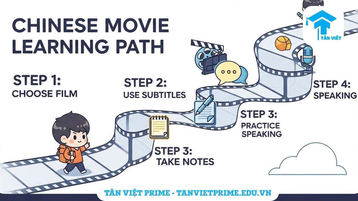 Infographic giải thích chiến lược học tiếng Trung qua phim, mô tả một nhân vật chibi dễ thương đi theo con đường 4 bước trên một dải phim, làm rõ lộ trình học tập hiệu quả. Bao gồm các bước chọn phim, dùng phụ đề, ghi chép và luyện nói.