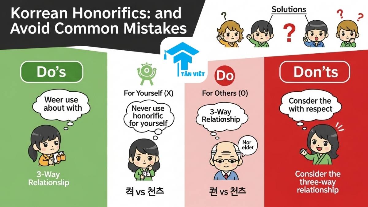 Infographic hướng dẫn tránh các lỗi thường gặp khi dùng kính ngữ tiếng Hàn (높임말), minh họa qua hình ảnh chibi các tình huống "nên" và "không nên" sử dụng, làm rõ các quy tắc quan trọng như không dùng cho bản thân, mối quan hệ ba chiều, và phân biệt 드리다/주시다. Cải thiện độ chính xác trong giao tiếp tiếng Hàn.
