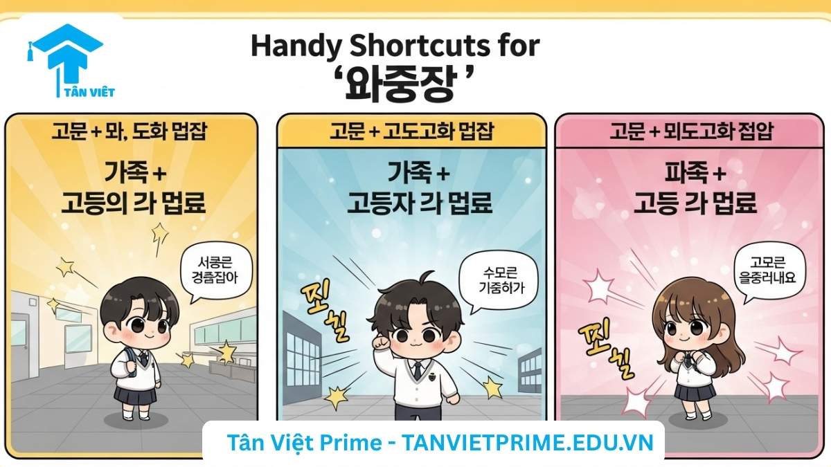Illustration explaining the Korean pronoun contractions for '의' (내, 네, 제), showing three cute chibi characters demonstrating each form to clarify conversational usage. Korean speaking practice.