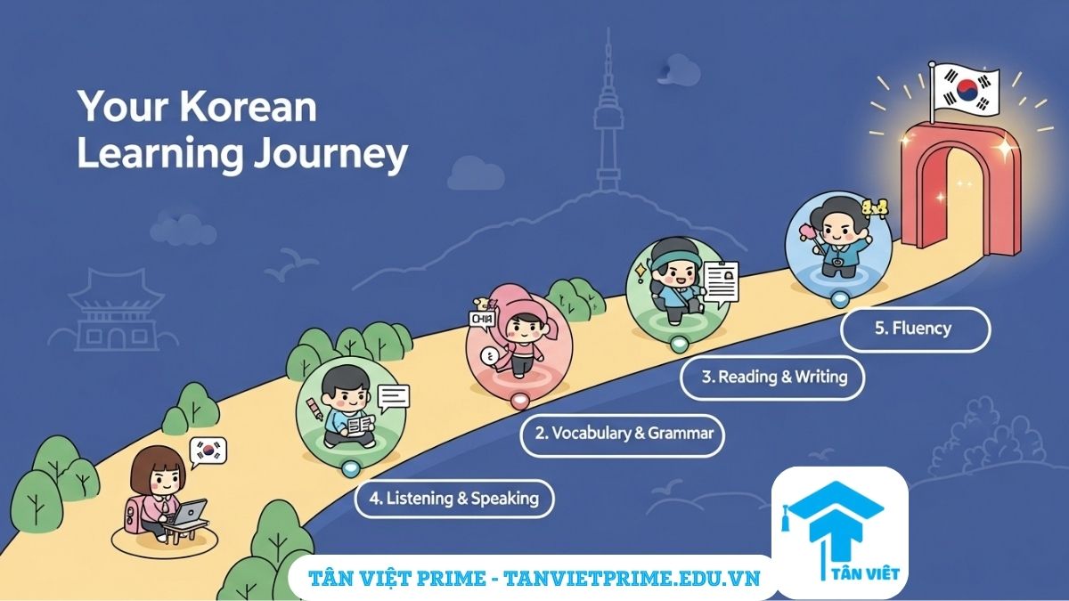 Infographic giải thích lộ trình 5 giai đoạn học tiếng Hàn cho người mới bắt đầu, mô tả một con đường tượng trưng với các cột mốc từ học Bảng chữ cái Hangul, Từ vựng, Ngữ pháp đến Giao tiếp thành thạo, để làm rõ các bước cần thiết để chinh phục ngôn ngữ.