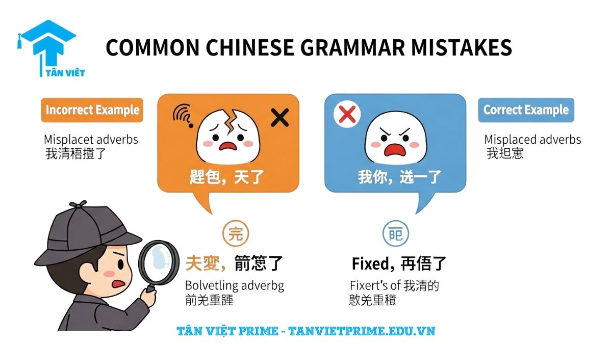 Infographic giải thích các lỗi ngữ pháp tiếng Trung thường gặp, mô tả một thám tử chibi chỉ ra câu sai và câu đúng để làm rõ cách nhận biết và sửa lỗi ngữ pháp. Giúp người học tránh mắc phải những sai lầm phổ biến.