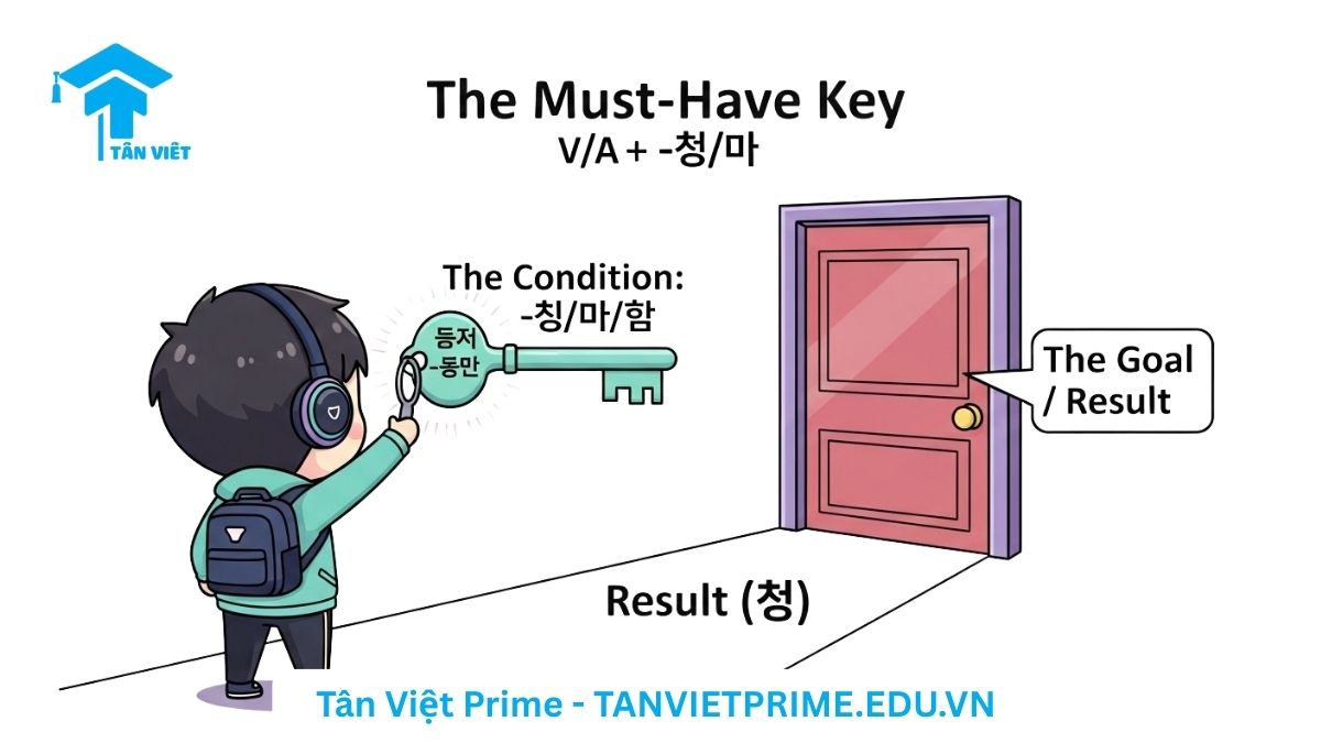 Hình ảnh minh họa giải thích ngữ pháp tiếng Hàn -아/어야, mô tả một nhân vật chibi cầm chiếc chìa khóa bắt buộc (-아/어야) để mở cánh cửa kết quả, làm rõ khái niệm "phải có điều kiện thì mới đạt được mục tiêu".