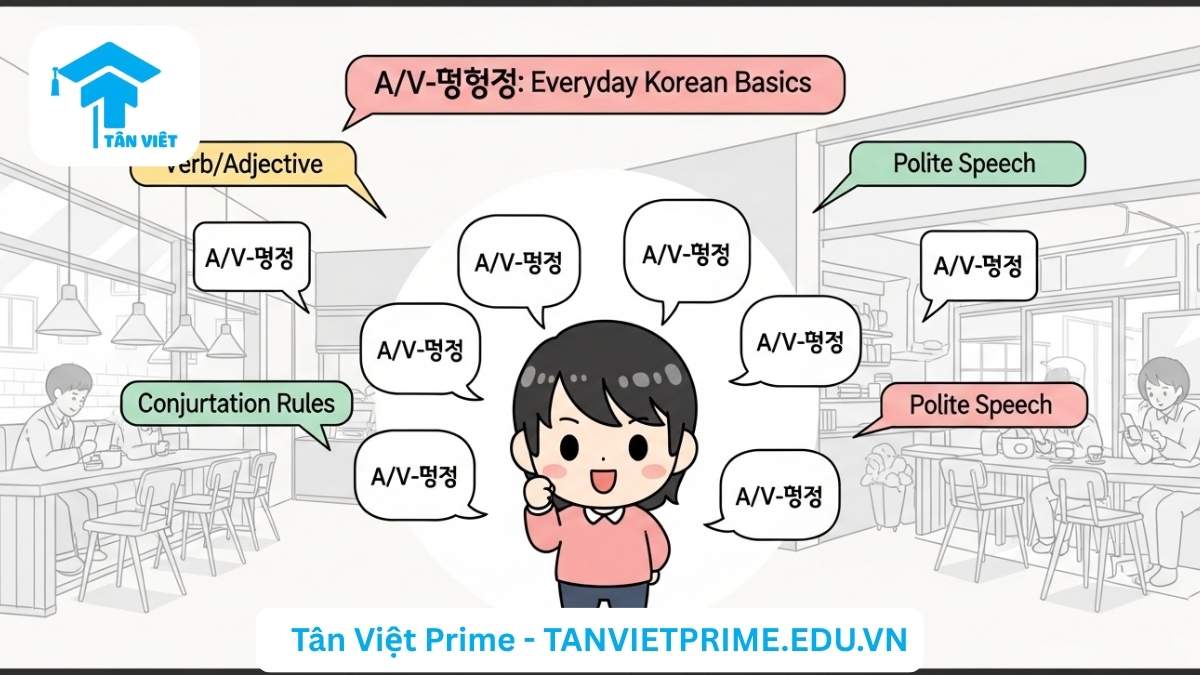 Infographic hướng dẫn cách chia và các bất quy tắc của A/V-아/어요, mô tả các quy tắc ngữ âm chính (ㅏ/ㅗ, nguyên âm khác, 하다) và các trường hợp bất quy tắc (ㄷ, ㅂ) bằng hình ảnh chibi minh họa từng bước, giúp người học nắm vững cách biến đổi từ ngữ.