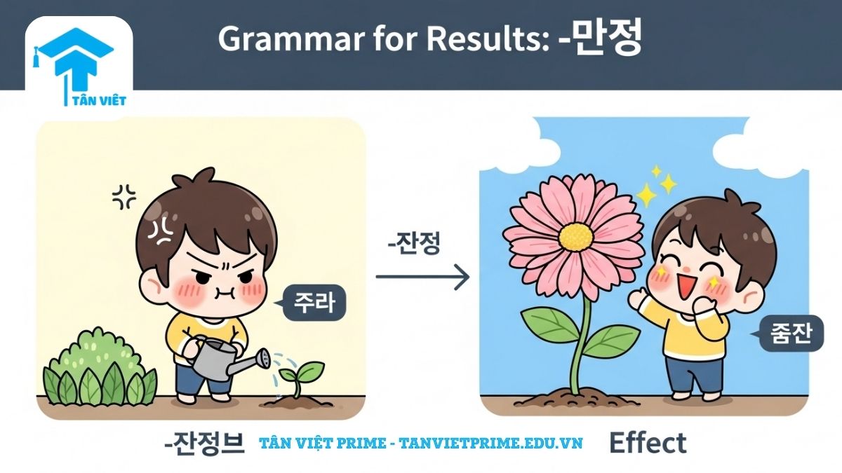 Hình ảnh minh họa ngữ pháp -더니, mô tả một nhân vật chibi nỗ lực chăm sóc cây rồi cây ra hoa đẹp để làm rõ ý nghĩa nguyên nhân - kết quả "...nên là...". Nhấn mạnh mối quan hệ giữa hành động và hệ quả.