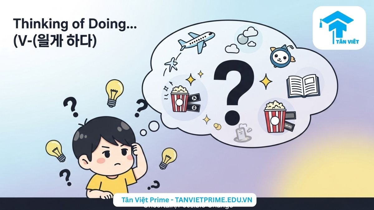 Infographic giải thích ngữ pháp V-(으)ㄹ까 하다, mô tả một nhân vật chibi đang suy nghĩ với nhiều biểu tượng hành động mơ hồ trong bong bóng suy nghĩ để làm rõ ý nghĩa "đang định làm gì đó một cách chưa chắc chắn". Hình ảnh minh họa kế hoạch chưa cụ thể.