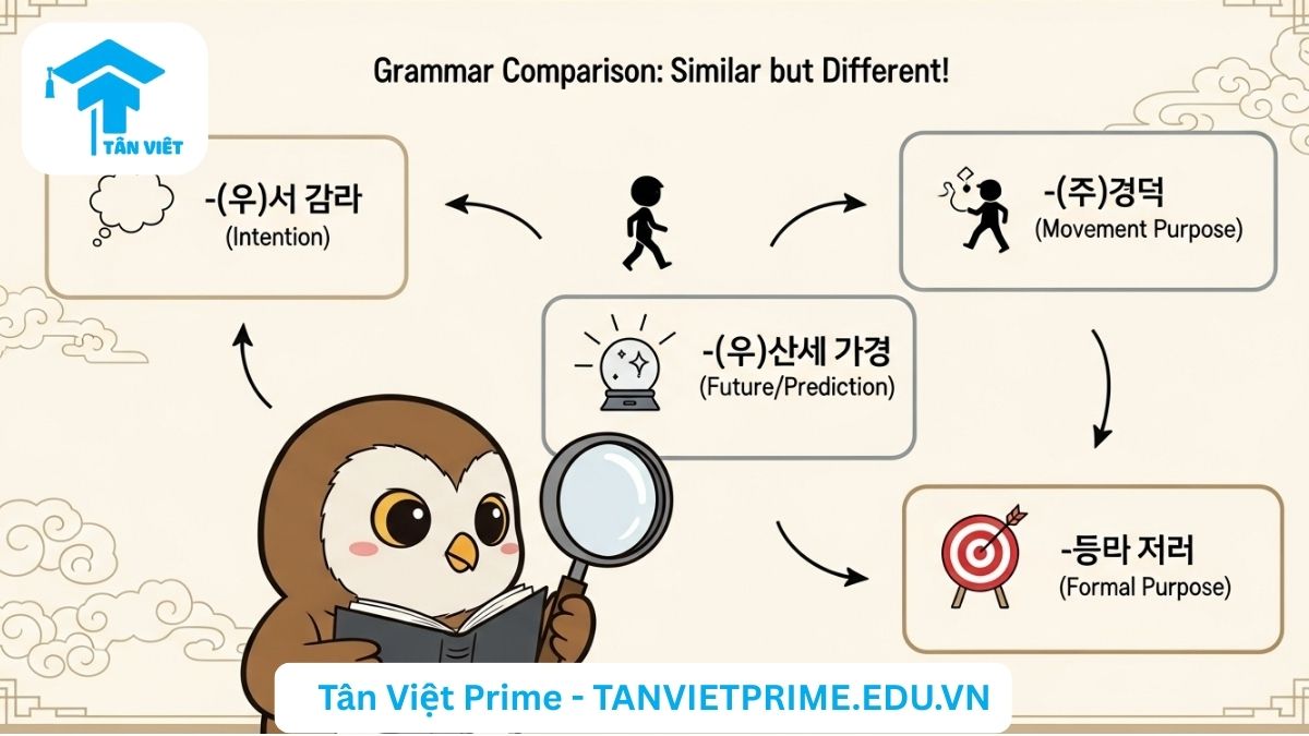 V-(으)려고 하다 là gì? Nắm Vững Ngữ Pháp "Định/Dự Định" trong Tiếng Hàn 3 Infographic so sánh ngữ pháp V -(으)려고 하다 với các cấu trúc tương tự như V -(으)러, V -(으)ㄹ 거예요 và V -기 위해, minh họa qua hình ảnh chibi ngộ nghĩnh và các biểu tượng trực quan để giúp người học phân biệt sắc thái nghĩa. Công cụ học tập tiếng Hàn hiệu quả.