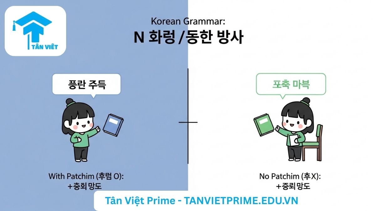 Sơ đồ giải thích quy tắc patchim của ngữ pháp N 이/가 아니에요, mô tả một bên là ví dụ danh từ có patchim (phụ âm cuối) đi với '이 아니에요' và bên kia là danh từ không có patchim đi với '가 아니에요' để làm rõ cách chọn tiểu từ phù hợp khi phủ định danh từ tiếng Hàn. Học ngữ pháp tiếng Hàn sơ cấp.
