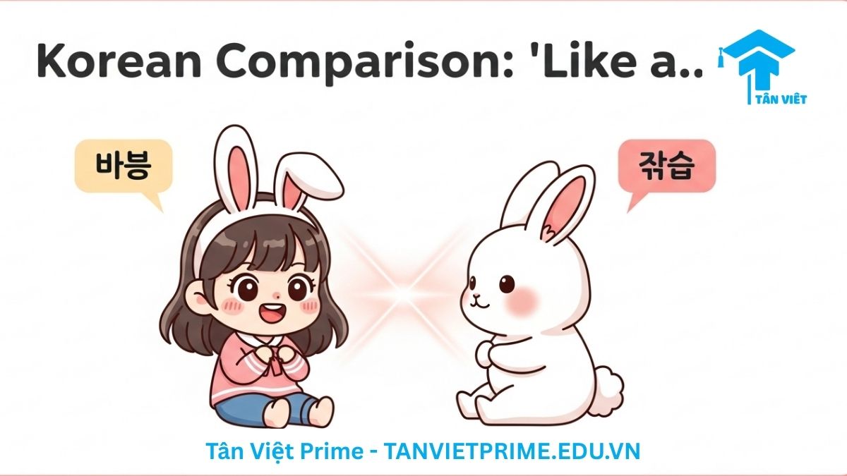 Hình ảnh minh họa giải thích ngữ pháp so sánh N처럼/같이, mô tả một cô bé chibi dễ thương bên cạnh một chú thỏ với biểu cảm vui vẻ tương đồng để làm rõ cách dùng "처럼" để miêu tả sự giống nhau, ví dụ "dễ thương như thỏ". Học tiếng Hàn sơ cấp.