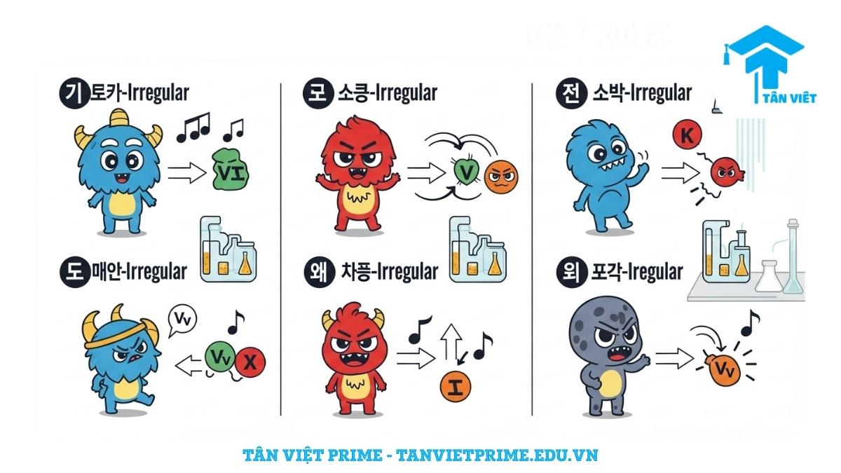 Infographic minh họa 7 trường hợp động từ bất quy tắc tiếng Hàn bằng hình ảnh chibi các "quái vật" biến hình, mô tả sự thay đổi gốc từ khi chia đuôi để làm rõ các quy tắc phức tạp. Hỗ trợ ghi nhớ các động từ bất quy tắc.