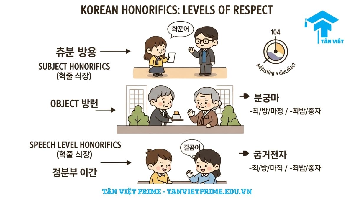 Infographic minh họa 3 loại kính ngữ tiếng Hàn: Kính ngữ chủ thể, khách thể và đối phương bằng các tình huống giao tiếp chibi, mô tả cách thể hiện sự tôn trọng trong văn hóa Hàn Quốc. Giúp người học sử dụng kính ngữ phù hợp.