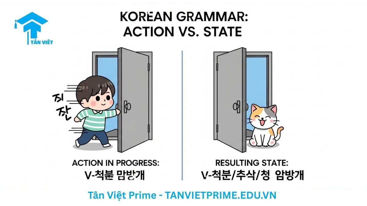 Ngữ pháp V-아/어/여 있다: Toàn tập cách dùng & Phân biệt A-Z với -고 있다 2 Infographic giải thích ngữ pháp tiếng Hàn V-아/어/여 있다, mô tả một nhân vật chibi đang mở cửa (hành động V-고 있다) và hình ảnh cánh cửa đã ở trạng thái mở (kết quả V-아/어/여 있다) để làm rõ sự khác biệt giữa quá trình và trạng thái.