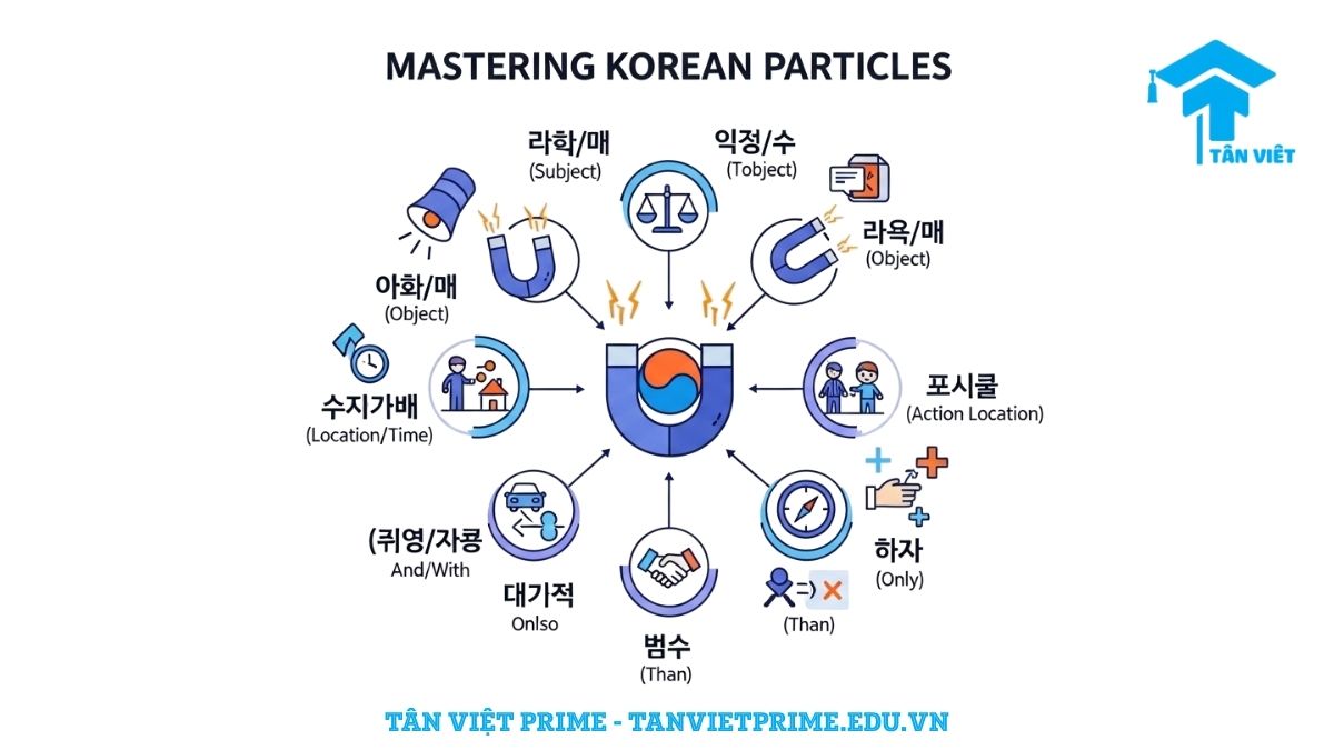 Infographic sơ đồ các tiểu từ tiếng Hàn thông dụng, mô tả chức năng của 이/가, 은/는, 을/를, 에, 에서, (으)로 và các tiểu từ bổ trợ khác để làm rõ vai trò ngữ pháp. Hướng dẫn sử dụng tiểu từ chuẩn xác.