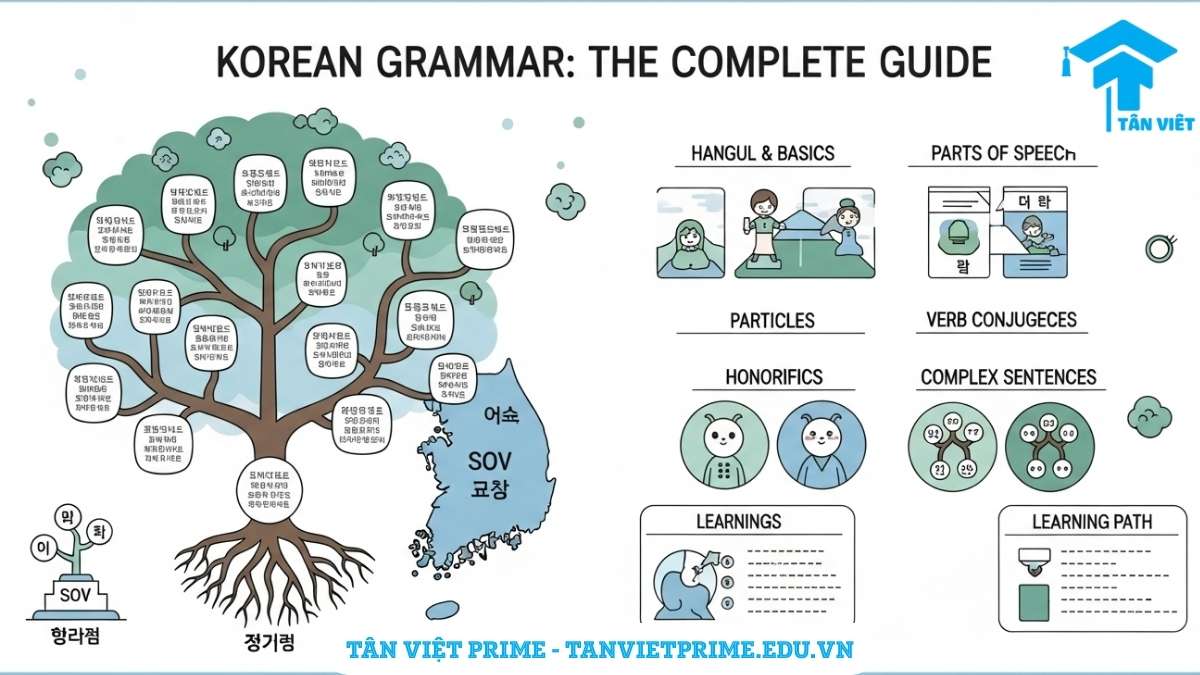 Infographic giải thích hệ thống ngữ pháp tiếng Hàn toàn diện, mô tả cấu trúc cây kiến thức với các nhánh từ Hangul cơ bản đến câu phức tạp để làm rõ lộ trình học. Cung cấp cái nhìn tổng quan cho người tự học tiếng Hàn.