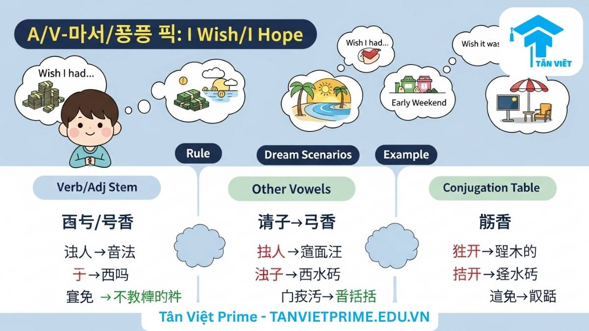 Infographic giải thích ngữ pháp A/V-았/었으면 좋겠다, mô tả ý nghĩa "ước gì/giá mà" và hướng dẫn chia động từ/tính từ theo nguyên âm, giúp người học dễ dàng nắm vững cách diễn tả mong ước trong tiếng Hàn.