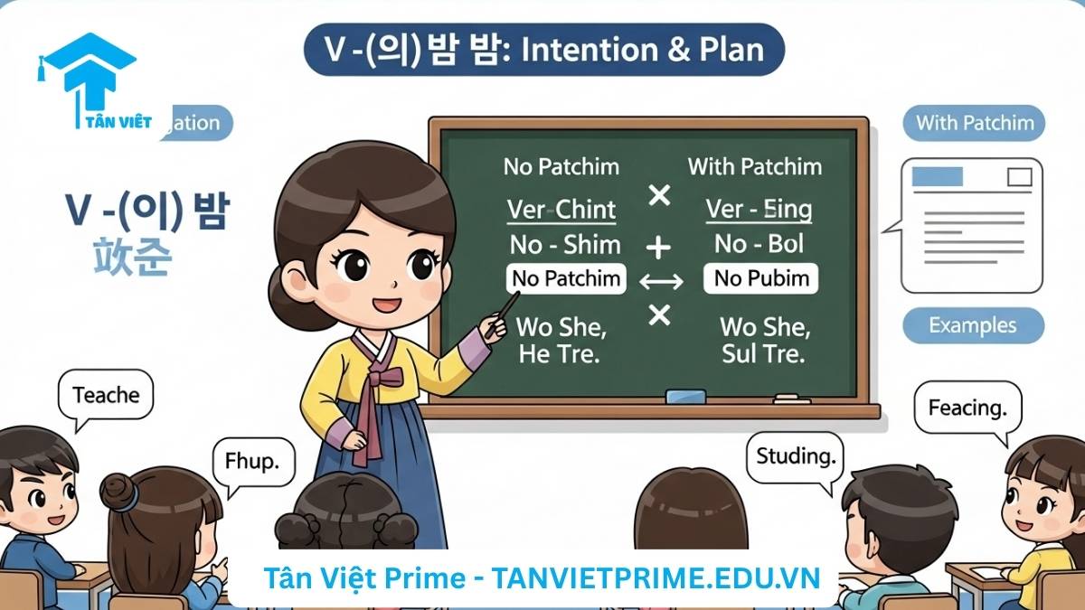 V-(으)려고 하다 là gì? Nắm Vững Ngữ Pháp "Định/Dự Định" trong Tiếng Hàn 2 Infographic giải thích ngữ pháp V -(으)려고 하다 trong tiếng Hàn, mô tả quy tắc chia động từ và ví dụ thực tế qua hình ảnh giáo viên và học sinh chibi đáng yêu để làm rõ khái niệm về ý định và kế hoạch. Hỗ trợ người học tiếng Hàn sơ cấp và trung cấp.