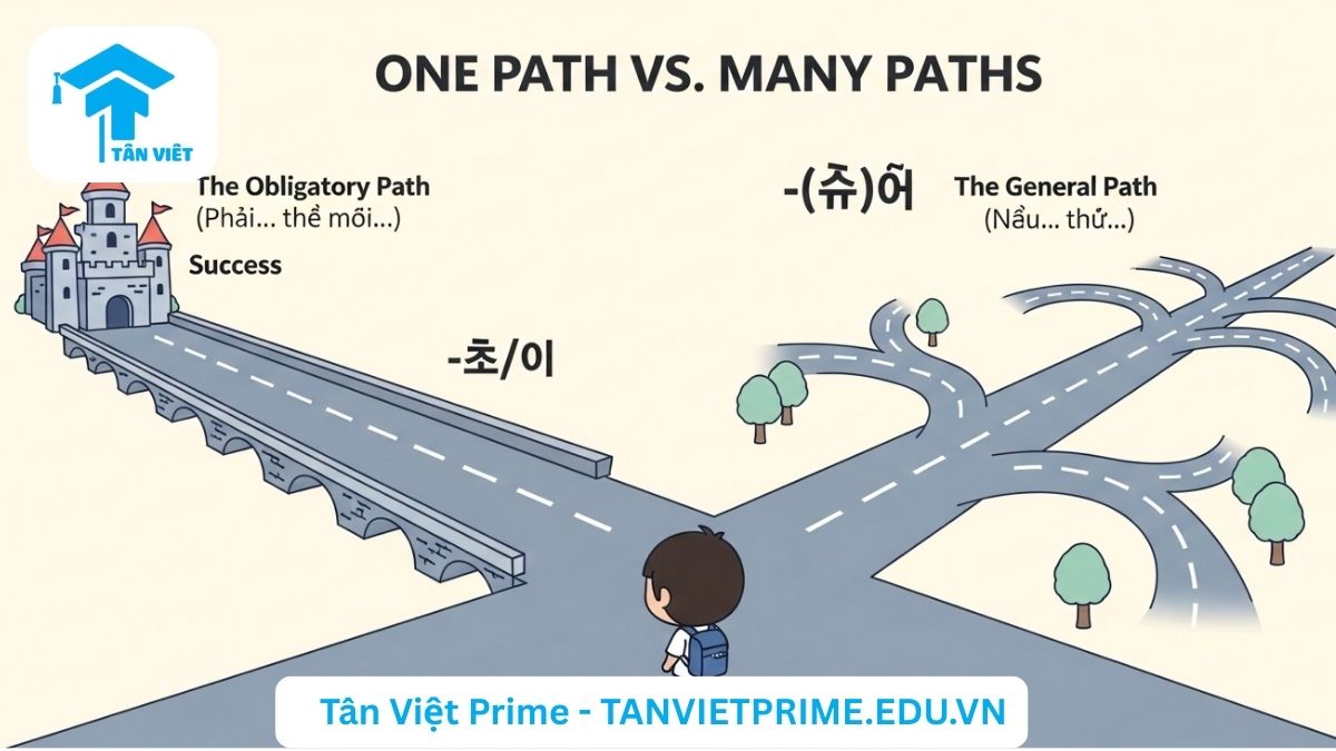 Infographic so sánh ngữ pháp -아/어야 và -(으)면, mô tả hình ảnh hai con đường: một con đường bắt buộc (-아/어야) và một con đường chung có nhiều ngã rẽ (-(으)면), giúp làm rõ sự khác biệt giữa điều kiện bắt buộc và điều kiện chung trong tiếng Hàn.