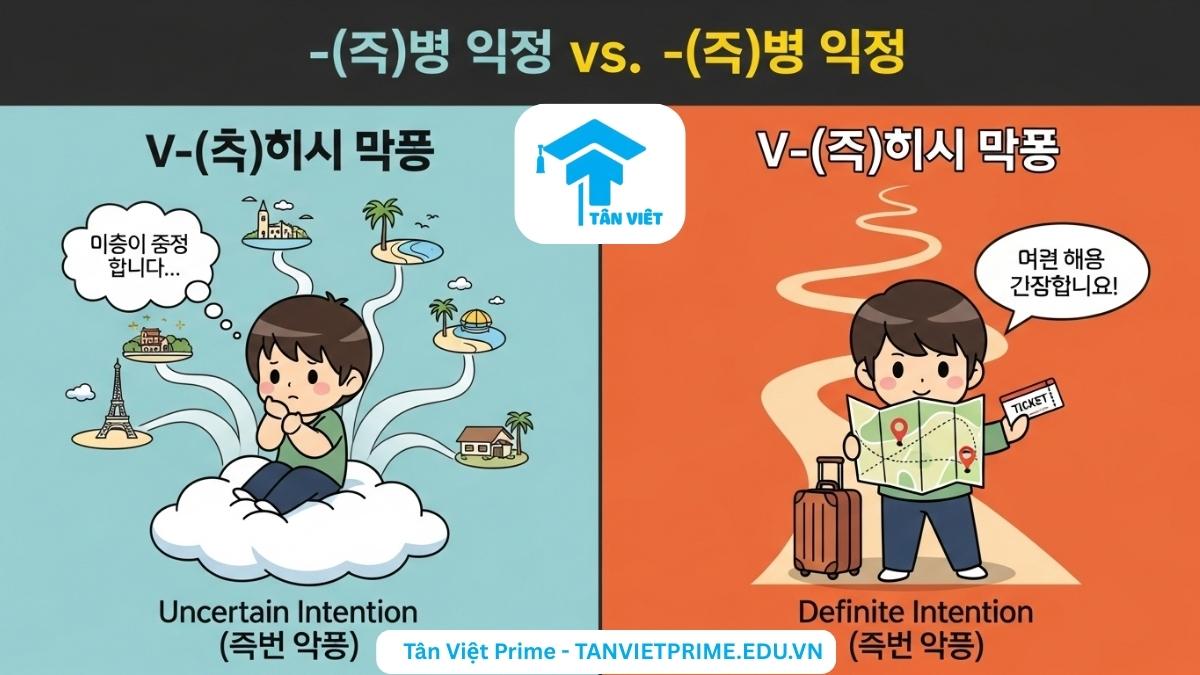 Infographic so sánh ngữ pháp V-(으)ㄹ까 하다 và V-(으)려고 하다, mô tả hai nhân vật chibi: một người mơ màng về chuyến đi (ý định mơ hồ với -(으)ㄹ까 하다) và một người sẵn sàng với hành lý (kế hoạch chắc chắn với -(으)려고 하다) để làm rõ mức độ chắc chắn của ý định.