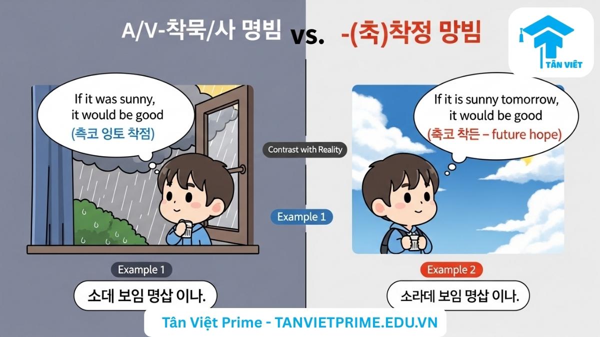 Infographic so sánh ngữ pháp A/V-았/었으면 좋겠다 và -(으)면 좋겠다, minh họa sự khác biệt giữa mong ước trái thực tế và hy vọng tương lai, giúp người học dùng đúng cấu trúc trong các tình huống tiếng Hàn.