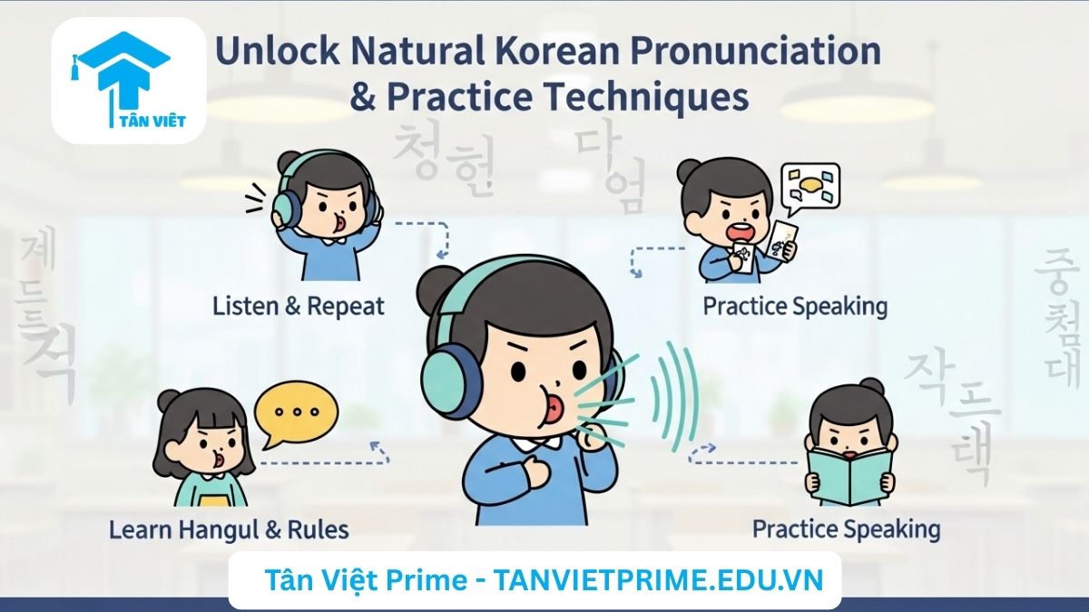 nfographic giải thích tầm quan trọng của phát âm tiếng Hàn chuẩn và các kỹ thuật luyện tập hiệu quả, mô tả các phương pháp như nghe, lặp lại, học bảng chữ cái và thực hành nói với hình ảnh chibi minh họa năng động. Cải thiện kỹ năng phát âm tiếng Hàn của bạn một cách tự tin.