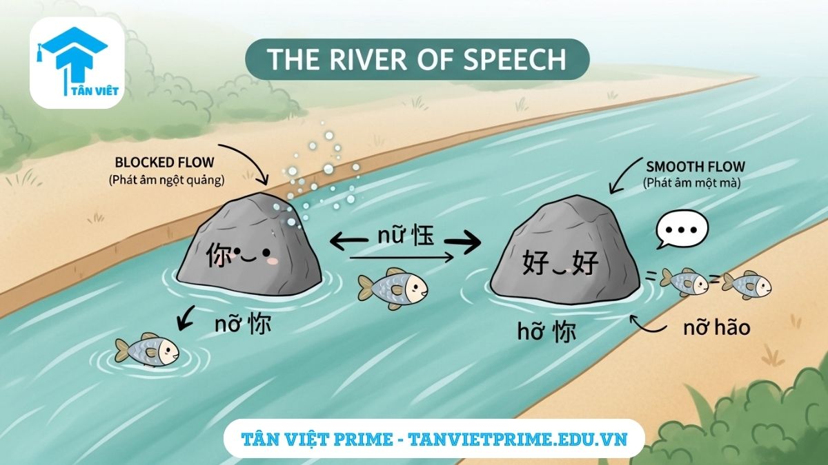 Biến Điệu Tiếng Trung: Quy Tắc Đọc Thanh 3, “一” (yī) và “不” (bù) Chuẩn Nhất 3 Hình ảnh minh họa về biến điệu tiếng Trung, mô tả một dòng sông phát âm trở nên mượt mà hơn khi âm tiết thanh 3 đầu tiên thay đổi để làm rõ mục đích của biến điệu là tạo ra sự tự nhiên trong giao tiếp.