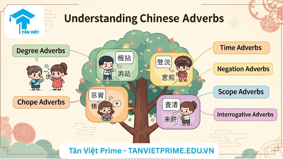 Phó Từ Trong Tiếng Trung Hiện Đại: Từ A-Z Định Nghĩa, Phân Loại & Cách Dùng 2 Infographic giải thích các phó từ trong tiếng Trung hiện đại, mô tả sơ đồ cây phân loại phó từ với các ví dụ được minh họa bằng nhân vật chibi đáng yêu theo phong cách Hàn Quốc/Trung Quốc để làm rõ định nghĩa và cách dùng của từng loại phó từ. Hướng dẫn học ngữ pháp tiếng Trung hiệu quả và trực quan.