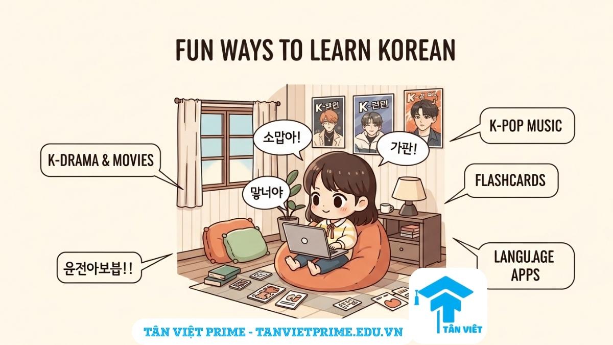 Hình ảnh minh họa giải thích các phương pháp học tiếng Hàn thú vị, mô tả một nhân vật chibi đang học tiếng Hàn qua việc xem phim K-drama, nghe nhạc K-pop và sử dụng ứng dụng, để làm rõ cách kết hợp việc học với sở thích để tăng hiệu quả.
