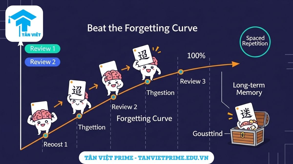 Sơ đồ giải thích phương pháp Lặp lại Ngắt quãng (Spaced Repetition), mô tả biểu đồ Đường cong Lãng quên và cách việc ôn tập đúng thời điểm giúp củng cố trí nhớ dài hạn để làm rõ nguyên lý khoa học của việc ghi nhớ từ vựng tiếng Trung. Phương pháp học từ vựng khoa học.