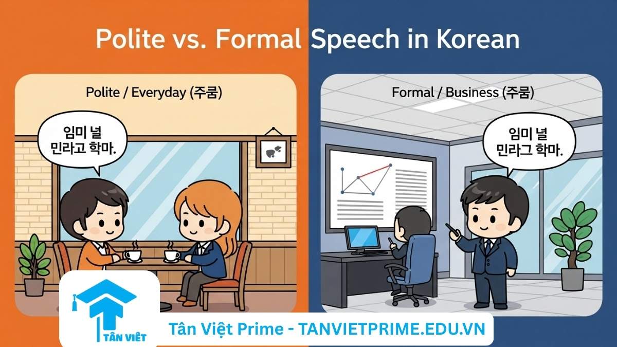 Hình ảnh minh họa giải thích sự khác biệt giữa hai mức độ lịch sự khi phủ định danh từ tiếng Hàn, mô tả một cảnh giao tiếp thân mật dùng '아니에요' và một cảnh trang trọng trong công việc dùng '아닙니다' để làm rõ cách lựa chọn đuôi câu phù hợp với ngữ cảnh. Giao tiếp tiếng Hàn chuyên nghiệp.