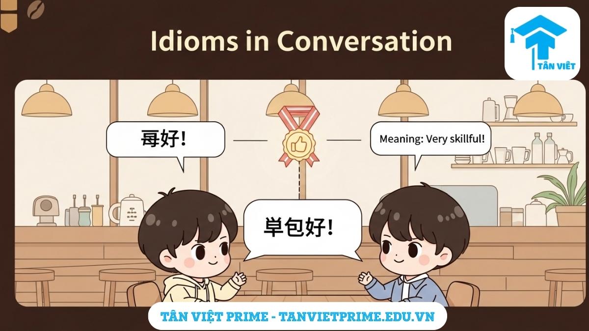 Hình ảnh minh họa cách sử dụng quán dụng ngữ tiếng Trung trong giao tiếp, mô tả hai nhân vật chibi đang nói chuyện, một người khen người kia bằng quán dụng ngữ '有两下子!' (có bản lĩnh), với một biểu tượng 'like' để giải thích ý nghĩa, để làm rõ cách áp dụng quán dụng ngữ vào các cuộc hội thoại thực tế. Giúp người học nói tiếng Trung tự nhiên hơn.