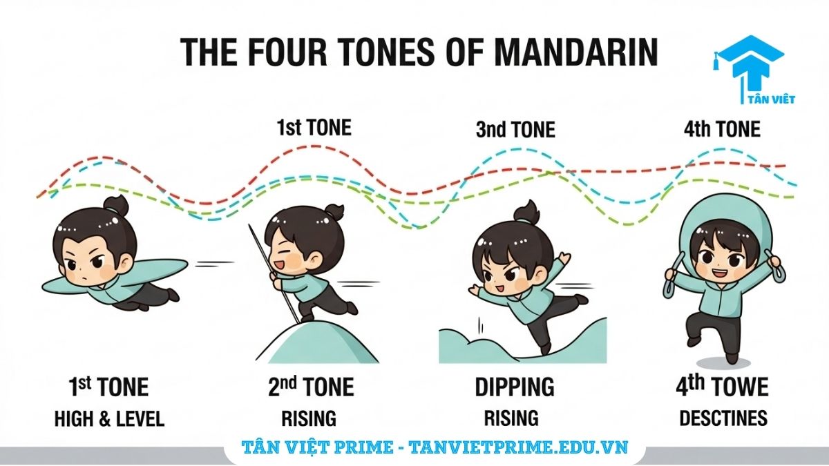 Hình ảnh minh họa giải thích 4 thanh điệu chính trong tiếng Trung, mô tả bốn nhân vật chibi thể hiện đường nét cao độ của mỗi thanh điệu để làm rõ sự khác biệt về giai điệu quyết định ý nghĩa của từ. Hướng dẫn phát âm Pinyin cho người Việt.