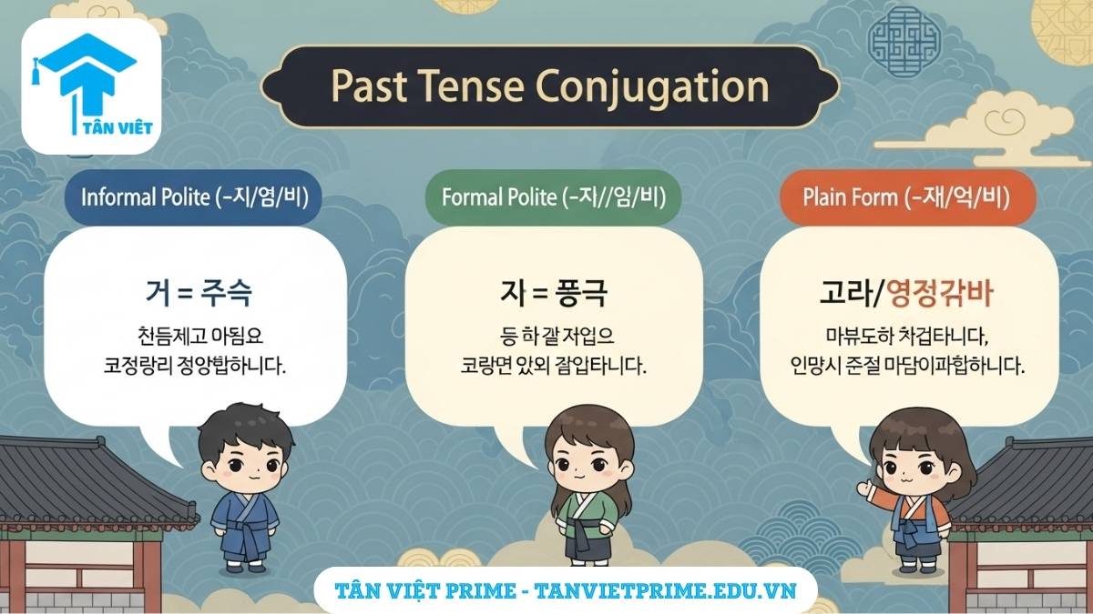 Sơ đồ chi tiết cách chia thì quá khứ tiếng Hàn theo các mức độ lịch sự (-았/었/였어요, -았습니다, -았/었/였다), minh họa bằng hình ảnh chibi và ví dụ cụ thể, giúp học viên phân biệt rõ ràng.