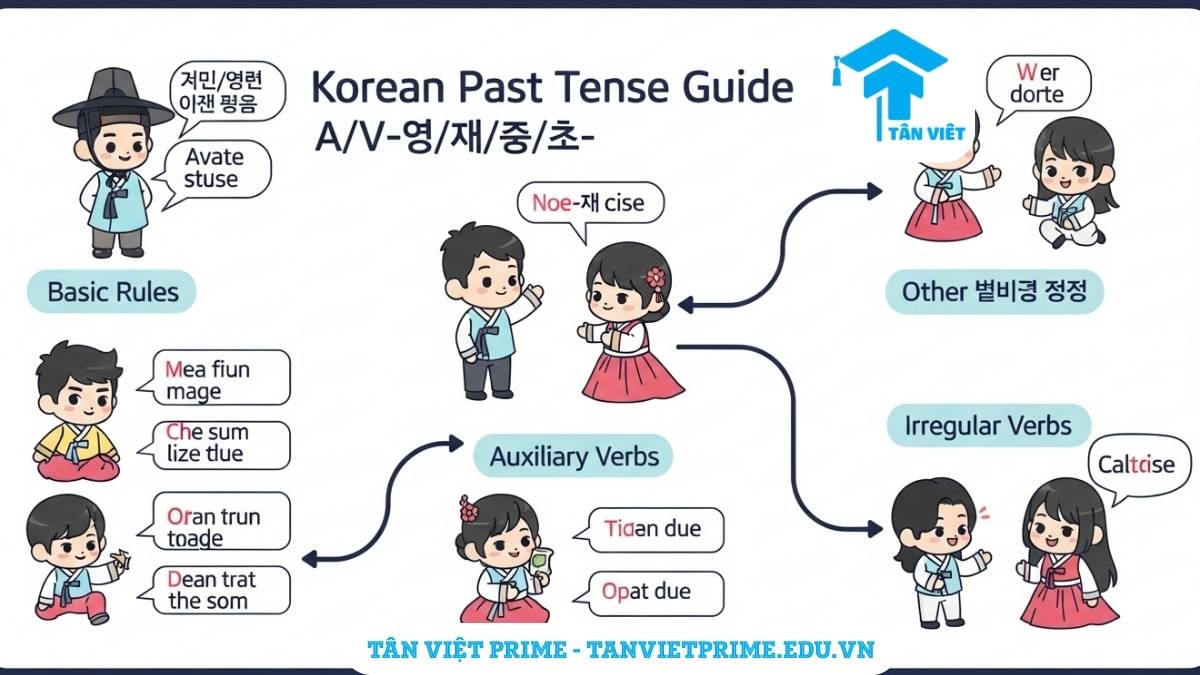 Infographic giải thích ngữ pháp thì quá khứ tiếng Hàn, mô tả công thức chia động từ/tính từ với -았/었/였- và các trường hợp bất quy tắc thông qua hình ảnh chibi đáng yêu, giúp người học dễ hiểu.