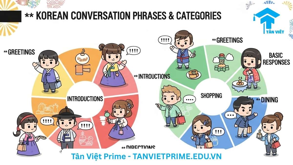Infographic giải thích các mẫu câu giao tiếp tiếng Hàn thiết yếu, mô tả các tình huống hàng ngày như chào hỏi, giới thiệu, mua sắm và ăn uống với hình ảnh chibi minh họa đáng yêu để làm rõ các khái niệm cơ bản. Nắm vững từ vựng và mẫu câu cơ bản cho người mới bắt đầu học tiếng Hàn.