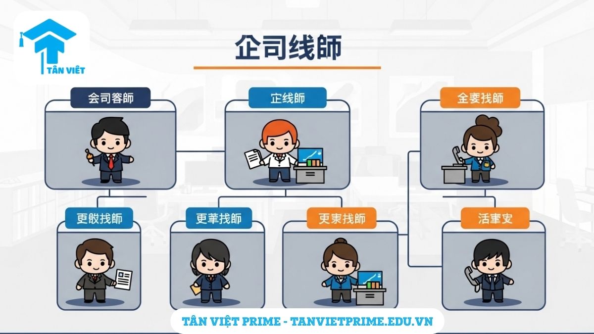 Sơ đồ minh họa các phòng ban và chức vụ trong công ty bằng tiếng Trung, mô tả cấu trúc tổ chức với các nhân vật chibi đại diện cho HR, Tài chính, Marketing, Kinh doanh, Quản lý và Nhân viên để làm rõ vai trò từng bộ phận. Hướng dẫn xưng hô đúng cách trong môi trường công sở.