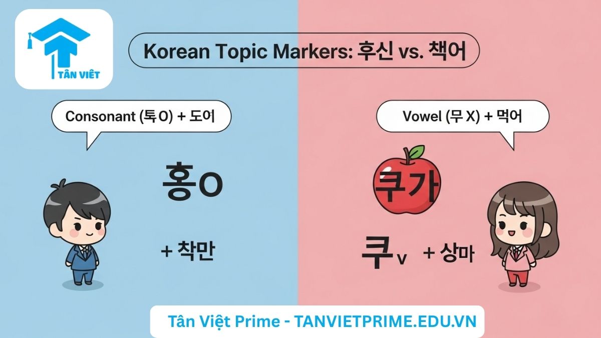Infographic giải thích quy tắc cơ bản của tiểu từ chủ đề 은/는, mô tả hai nhân vật chibi minh họa cách chọn 은 cho từ có phụ âm cuối (받침) và 는 cho từ có nguyên âm cuối để làm rõ cách chia tiểu từ 은/는. Học ngữ pháp tiếng Hàn sơ cấp.