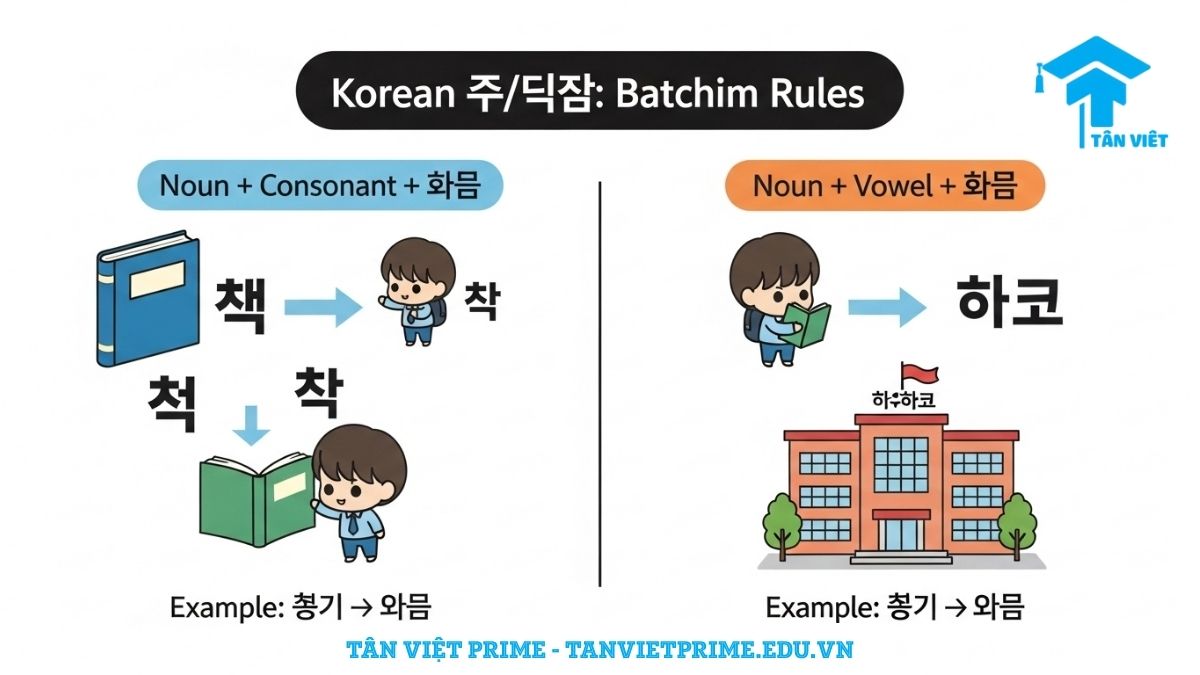 Sơ đồ giải thích cách dùng tiểu từ 이/가 trong tiếng Hàn dựa trên quy tắc batchim, mô tả rõ danh từ có phụ âm cuối dùng 이, danh từ không phụ âm cuối dùng 가 với ví dụ minh họa trực quan. Giúp người học nắm vững kiến thức ngữ pháp cơ bản.