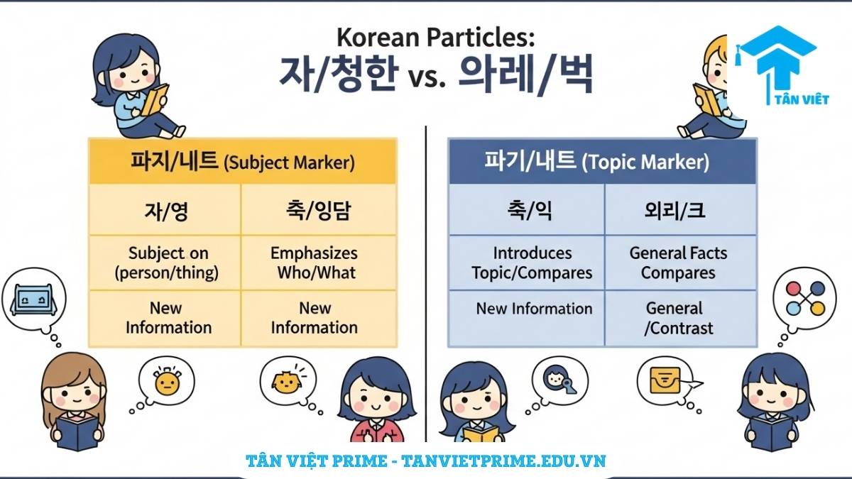Infographic giải thích sự khác biệt giữa tiểu từ 이/가 và 은/는, mô tả bảng so sánh chức năng và cách dùng để làm rõ khi nào nhấn mạnh chủ ngữ hay giới thiệu chủ đề. Hình ảnh minh họa dễ thương giúp người mới học tiếng Hàn tiếp thu nhanh hơn.