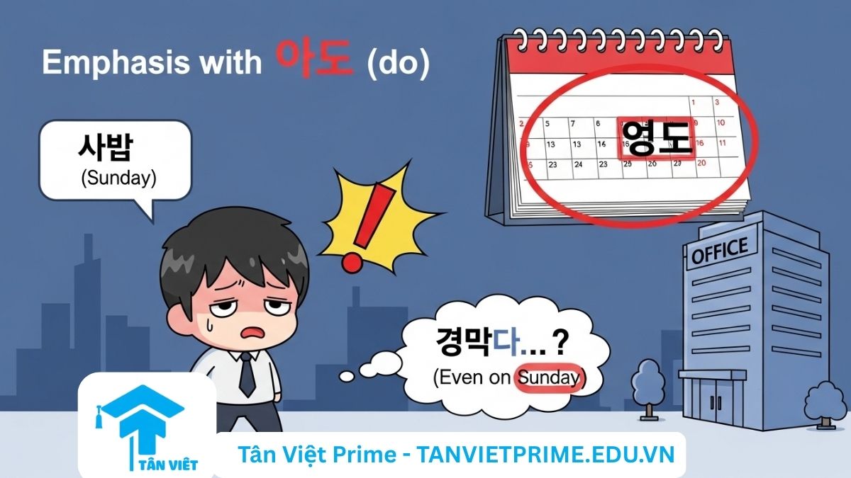 Hình ảnh minh họa giải thích nghĩa nhấn mạnh 'thậm chí' của tiểu từ N도, mô tả một nhân vật chibi ngạc nhiên khi phải đi làm vào ngày Chủ Nhật để làm rõ cách '도' diễn tả một tình huống bất ngờ hoặc cực đoan. Ví dụ về ý nghĩa nâng cao của tiểu từ 도.