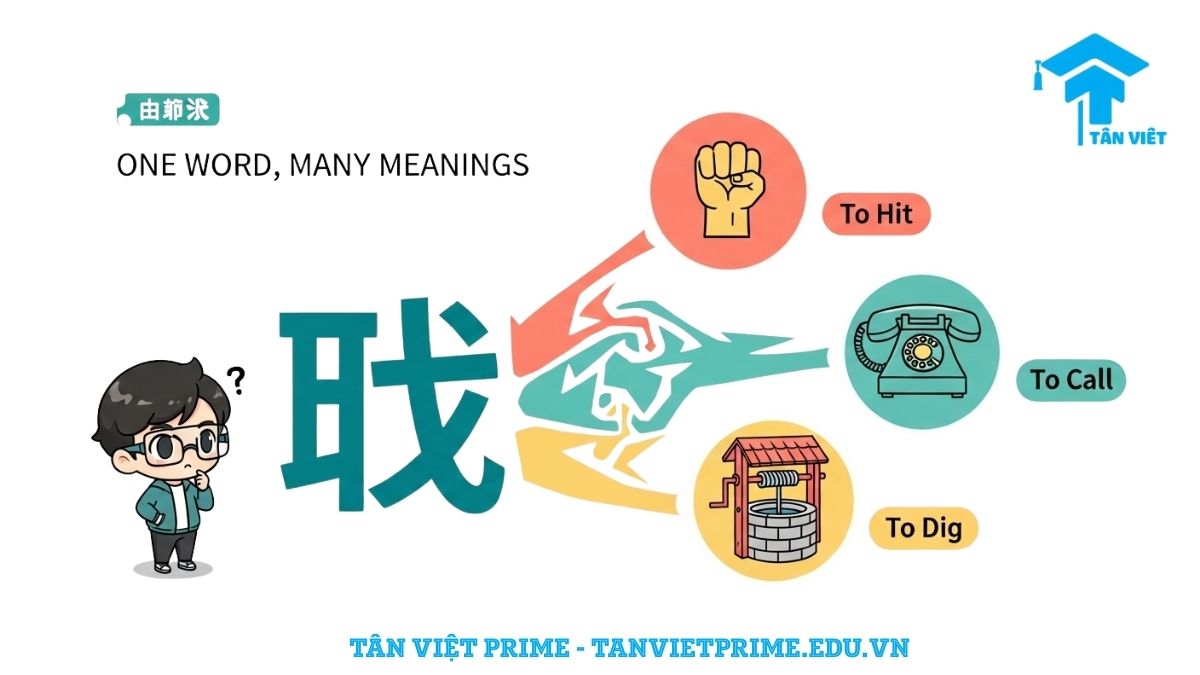 Infographic giải thích từ đa nghĩa tiếng Trung (多义词), mô tả chữ Hán '打' phân nhánh thành các nghĩa khác nhau như 'đánh', 'gọi điện', 'đào giếng' để làm rõ tầm quan trọng của ngữ cảnh trong giao tiếp.